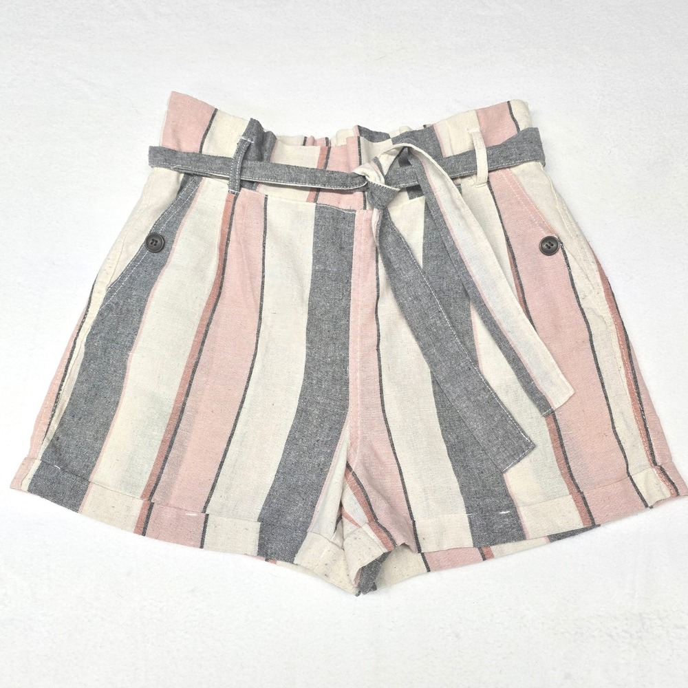 CI SONO Linen Collection Striped Shorts Pink Grey Paris M Smocked Waist Casual